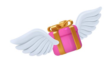 Kanatlarla uçan, izole edilmiş 3 boyutlu gerçeklik simgesi. Vektör satışları ve sınırlı zaman indirimleri, özel durumlar için hediye. Paketli ve altın kurdeleli bir kutu. Hızlı posta servisi