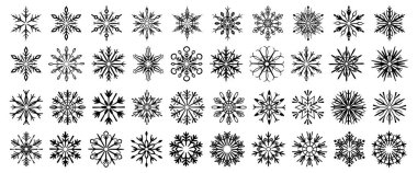 Kar taneleri silueti, izole buz parçaları. Düz stil taşıyıcı, süsler ve farklı şekillerde donmuş kar. Xmas ve yeni yıl, Noel dekorasyonu veya kart tasarımı