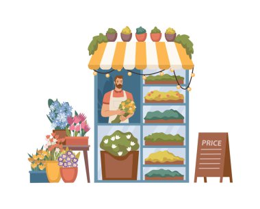 Çiçekçi dükkanında elinde buket olan bir satıcı. Çiçekçi dükkanının çiçek kompozisyonları ve ev dekorasyonu ve iç dekorasyonu için saksı bitkileri, tatil hediyeleri olan izole edilmiş vektör sahibi.