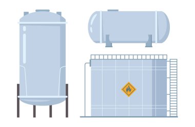 Liquefied petroleum gas reservoirs for domestic or industrial usage. Vector isolated set of containers for storage of petroleum in stations. Cylinder or tank with label of caution or danger clipart