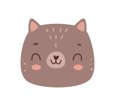 Sevimli çizgi film kedisi yüzü, izole kedicik maskotu, gülen yüz ifadesi, emoji çıkartması tasarımı. Kedi hayvanının tatlı ağızlık vektörü. Tüylü kürklü hayvan amblemi ya da çıkartması, kedicik burnu