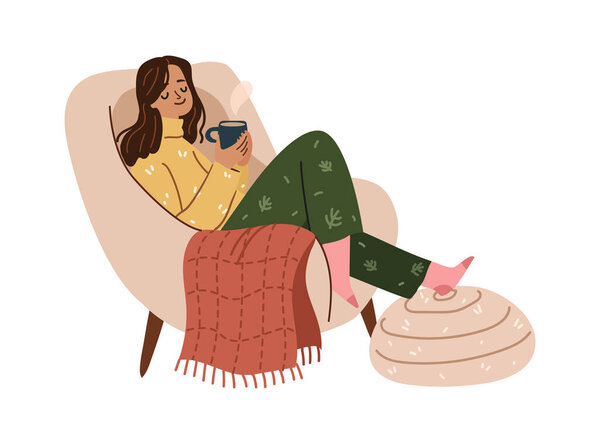 Happy woman holding glass mug with hot drink cartoon, winter landscape outside. Vector isolated girl sitting in armchair, cozy winter rest at home. Female drinking tea or coffee by window