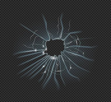 Kırık camlar, çatlaklar ya da çatlaklar. Vektör gerçekçiliği çatladı ya da sert kırılgan şeffaf katı yüzeyi parçaladı. Hasarlı pencere veya kapı camı ve keskin kenarları ve parçaları olan ön cam.