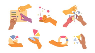 Elleri grafikleri ve şemaları tutuyor. Vektör izole edilmiş turta grafikleri, takımlar ve takım çalışması etkileşimi. İş geliştirme ve görselleştirme, arama istatistikleri ve sıralama verileri