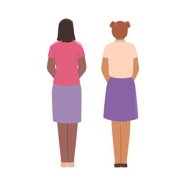 Kız karakterler ayakta havai fişek izleyip, izole edilmiş kadın çizgi film karakterlerinin arka görüntülerini izliyorlar. Sıradan giysiler giymiş vektör insanlar arkada dikiliyor. Festival ya da parti kutlaması