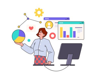Pazarlama ve finans, veri analizi yapan kadın, düz çizgi film vektörü. Finansal yönetici satışları, veri tabanını ve grafik grafiklerini, grafik sunumunu araştırıyor. Danışman ve istatistik denetimi
