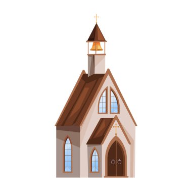 Ahşap kilise cephesi, ıssız vahşi batı tarzı mimari. Vector çizgi filmi, Batı Amerika sokak kompozisyon elementi. Dua ve ayin için kutsal bir yer, dış yapı.