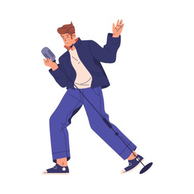 Karaoke barda imzalı adam, elinde antika mikrofon standı var. Vector düz çizgi film karakteri, müzik performansı veya konserden hoşlanan soyutlanmış erkek şahsiyet. Grubun vokalisti veya retro grubu