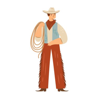 Deri kementle örülmüş kovboy, halatla vahşi batı karakteri. Geniş kenarlı şapka, bandana ve keçi derisi pantolon, kot yelek ve batılı ayakkabılar giyen vektör kovboylar.