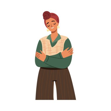 Kişisel bakım ve sevgi, güçlendirme ve kendine güven artırıcı. Vektör kadın karakteri kendine sarılıyor, eşitliği kucaklıyor, vücut ve görünüş hakkındaki pozitifliği kucaklıyor. Uyum ve kadınsı enerji