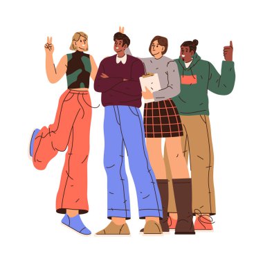İletişim kuran, konuşan barış işareti gösteren ve gülümseyen bir grup insan. Düz çizgi film karakteri, vektör çizimi. Takım ya da arkadaşların etkileşimi, erkek ve kadın.
