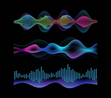 Gradyan renkte ses dalgaları, soyut dinamik fütüristik ekran. Poster, ses veya müzik, ses veya enerji için izole edilmiş gerçekçi modern kapaklar seti sanat için dinamik hareket akışı sağlar