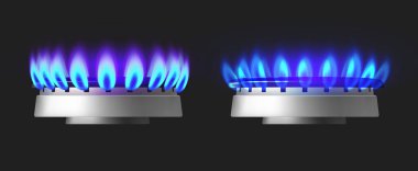 Gaz ocakları yan görüş, elektrikli ateşleme propan bütan mavi alev fırında. Yemek hazırlamak için izole edilmiş ev aletleri. Yanan alev ve hob 'un metalik şekli