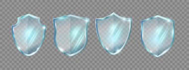 Ppleksiglas ya da pırıltılı kristal kalkanlar. Sertifika, ödül ya da ödül için gerçekçi şeffaf cam levhalar. Güvenlik ve savunma, koruma ve koruma