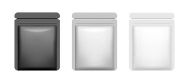 Yiyecek ürünleri ve abur cubur depolamak için paketler. Fermuarlı gerçekçi keselerin izole edilmiş hali. Fotokopi alanı ve markalaşma ile ambalaj. Kese kağıdındaki şablon modeli