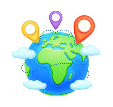 Dünya haritası, navigasyon noktaları, dünya küresi ve GPS işaretleri 3 boyutlu tasarım. Modern dünya ve haritacılık, deniz ve okyanus, kara ve kıtalar. Hedef işaretleyiciler vektör illüstrasyonu