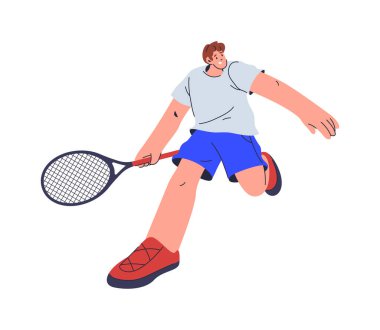 Raketle koşan tenisçi, düz çizgi film vektör çizimi. Tecrit edilmiş bir adam oyunu oynuyor, profesyonel ya da amatör, spor aletleri var. Sportif adam antrenman yapıyor.