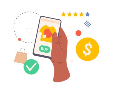 Akıllı telefon, ekranda dükkan çeşitlerini gösteriyor, düz çizgi film vektör çizimi. Çevrimiçi alışveriş hizmetleri ve ürün ve giysi dolu mağazalarla izole edilmiş bir cep telefonu.