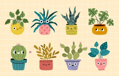 Komik yüzleri ve duyguları olan sevimli çiçek saksısı karakterleri. Düz stil vektörü, yaprakları ve yaprakları olan izole edilmiş duygu simgeleri. Tencerelerde sulu ve tropik bitkiler, ev için botanik süslemeleri.