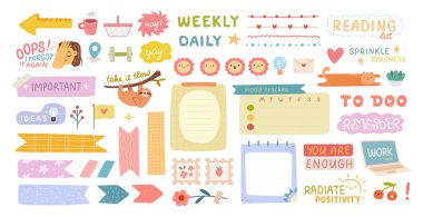 Organizatör, planlayıcı ya da albüm için çıkartmalar. Düz stil vektörü, izole etiketler, yer imleri ve motivasyon ve günlük hatırlatıcılar için övgü ifadeleri. Şirin sayfalar için pul ve kartlar