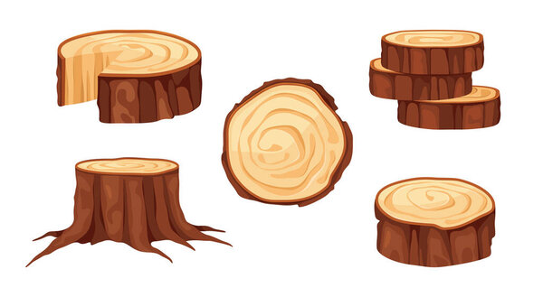 Woodworking and carpentry, isolated tree stump with root and rings. Vector set of timber or oak pieces with bark. Lumberjack work or building material for construction. Woodcutter industry