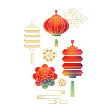 Çin Yeni Yıl ikonları, semboller ve dekorasyonlar. Soyut gradyan çizgi feneri, bahar çiçeği ve bulut, vektör çizimleri. Modern minimalist CNY 2025 tabelası, ay bayramı kutlaması