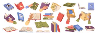 Açık ve kapalı kitaplar, yığınla yayın. Vektör öğrenme ve eğitim alma. Not defteri ya da edebiyat tutan eller. Çalışmak ve yetenekleri geliştirmek. Kapsamlı disiplinler için ders kitapları