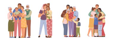 Aile kucaklaşması koleksiyonu. Vektör, mutlu ebeveynleri ve çocukları kucaklıyor, sevgi ve destek görüyor. Gülümseyen anne ve baba, oğul ve kız, büyükbaba ve büyükanne. Nesil kucaklaması