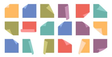 Kenarlarında bukleler olan boş yapışkan notlar. Ofis ya da okul için izole edilmiş düz kırtasiye malzemesi, temiz sayfa üzerine kopyalama alanı. Yazmak ve fikir bırakmak için renkli şablonlar. Kıvırcık köşeler