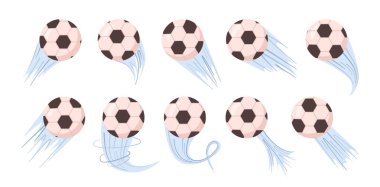 Uçan futbol topu, oyun posterleri ya da futbol afişleri için aksiyon efekti. Düz stil vektör, oyuncular için izole deri top seti. Rüzgâr, rekabet ve şampiyonluk izleri ya da girdabı