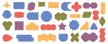 Moda olan gaddar çıkartmalar ya da fotokopi alanı olan yapışkan notlar. Düz biçimli vektör, modern dalgalı geometrik şekiller, haçlar ve daireler, dikdörtgenler ve yıldız formları ve çiçek tasarımı etiketleri