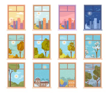 Farklı zaman ve mevsimlere sahip pencereler. Düz stil vektörü, park ve şehirde izole bir görüntü. Gece şehir manzarası, gece ve gündüz bahçe, sabah ve akşam. Kış ve bahar mevsimleri