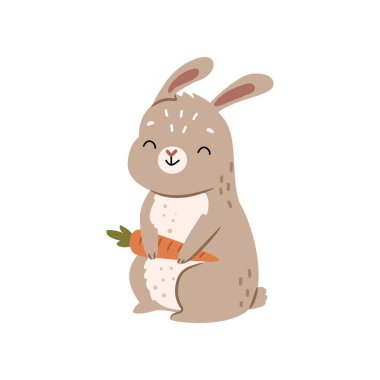 Havuçlu sevimli orman hayvanı. Tavşan veya komik tavşanın vektör çizimi, çocuklar ve çocuklar için fauna karakteri. Vahşi komik memeli.