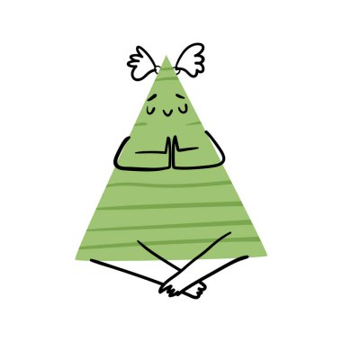 Gülümseyen bir üçgen ve meditasyon yapan bir yüz ifadesi. Elleri, bacakları ve karalama saçlarıyla izole edilmiş vektör şahsiyet. Geometri dersi öğrenen çocuklar için dostane geometrik şekil