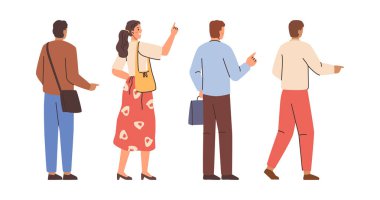 İnsanlar sıraya girip işaret ediyorlar. Vektör izole edilmiş daire çalışanı ya da müşteriler arka görüşü. Kadın ve erkek gözlemliyor ve sorular soruyorlar. Erkek ve kadın geriye doğru bakıyorlar, ileri doğru.