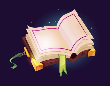 İçinde boş sayfalar olan sihirli bir kitap. Kitap ayracı ile büyü ve tarifler, simya ve cadılık ders kitabı yazmak için vektör izole yayınlama veya cadı büyü kitabı. Antika kütüphanesi