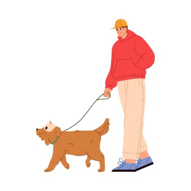 Evcil hayvan sahibi. Vektör, köpekli düz çizgi film karakteri izole etti. Tasmalı bir köpek ile gezen bir adam. Tasmalı köpek, erkek ve köpek için etkinlik, boş zaman.