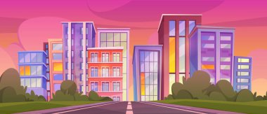 Evening city view, landscape of town with road and skyscrapers, pink sky with clouds. Vector sunset cityscape with buildings facades and exteriors. Modern skyline and architecture, urban scene clipart