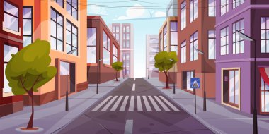 Gündüz vakti şehir manzarası. Binaları ve yaya geçidi işaretli caddeleri olan vektör kasabası sahnesi. Altyapısı ve ufuk çizgisi manzaralı şehir manzarası, ağaçlı geniş yol