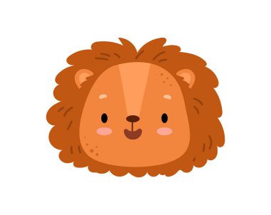Aslan başı ifadesi. Vektör sevimli büyük kedi karakter simgesini izole etti. Gülümseyen yüzüyle ormanın kralı. Komik vahşi hayvan emojisi. Safari maskotu ya da yanakları kızartılmış çıkartma