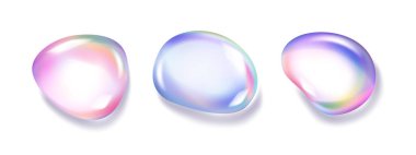 Değişken gökkuşağı efektli sıvı damlası. Sanal yüzey dokusuna sahip gerçekçi simgelerin vektör izole edilmiş hali. Sabun köpüğü, soyut yuvarlak şekilli, kromatik sıvı spektrumlu.