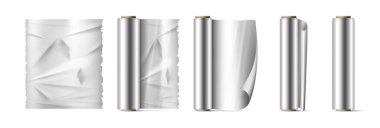 Metal folyo rulo alüminyum ambalajına sarın ya da paketleyin. Vektör kağıt rulo, gıda ambalajı, mutfak malzemeleri illüstrasyon, metal ambalaj malzemesi