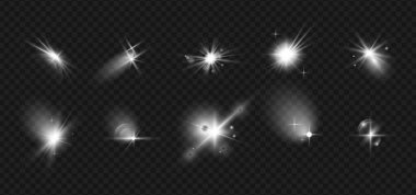 Parıltı efekti, fotoğraf makinesi alevi. Vektör izole edilmiş yanıp sönen ışıklar, yıldız parıltıları ya da parıltıları. Işınlar ve ışıltılar toplanıyor, ışıldıyor ve ışıldıyor.