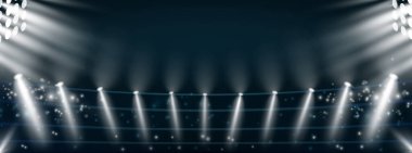 Yönsel kaynaklar, futbol sahası projektörleri. Vektör soğuk ışınları, spor arenası ışıklandırma tasarımı, farklı projektörler, performans veya gösteri için aydınlatılmış sahne. Parlak aydınlatma ayarlandı