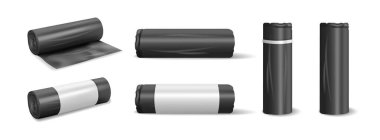 Çöp torbaları için çöp torbaları. Gerçekçi paketleri rulolarda izole eden vektör. Atılabilir ve boşaltılabilir konteynırlar. Fotokopi alanı olan ev çöpü geri dönüşüm kağıtları