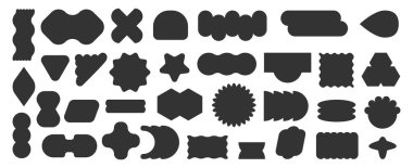 Fotokopi alanı olan acımasız etiketler. Düz stil vektörü, yazım için izole etiket ve figür seti. Geometrik vahşi şekilli tek renkli siluetler, haçlar ve daireler, dikdörtgenler ve yıldızlar