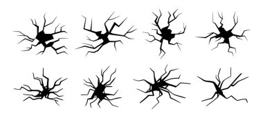 Yer yarıkları, deprem yüzünden karada kırıklar. Topraktaki vektör çatlağı, felaket ya da kuraklıktan kaynaklanan çatlaklar, yan görünümde siyah çatlaklar. Tasarım ve yıkım sembolü için dokuyu ayır