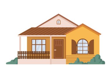 Emlak mülkü, klasik dış mimari ile izole edilmiş kır evi. Verandası ve girişi olan, şehirde ya da kırsal alanda binası olan bir vektör evi. Basit bir tasarımı olan ev ya da ev.