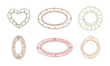 Fotoğraf ya da çerçeve seti. Çizim efekti, kalp şekli, daireler, oval biçimler ve geometrik şekillerle izole edilmiş karalama sınırları. Kopyalama alanı olan albüm ya da albüm şablonları