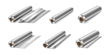 Kağıt rulo yapmak, gerçekçi tasarımda alüminyum gıda ambalajı. Vektör mutfak malzemeleri illüstrasyon, ambalaj ürünleri için metal kağıt. Metal tüpte paket ya da paket